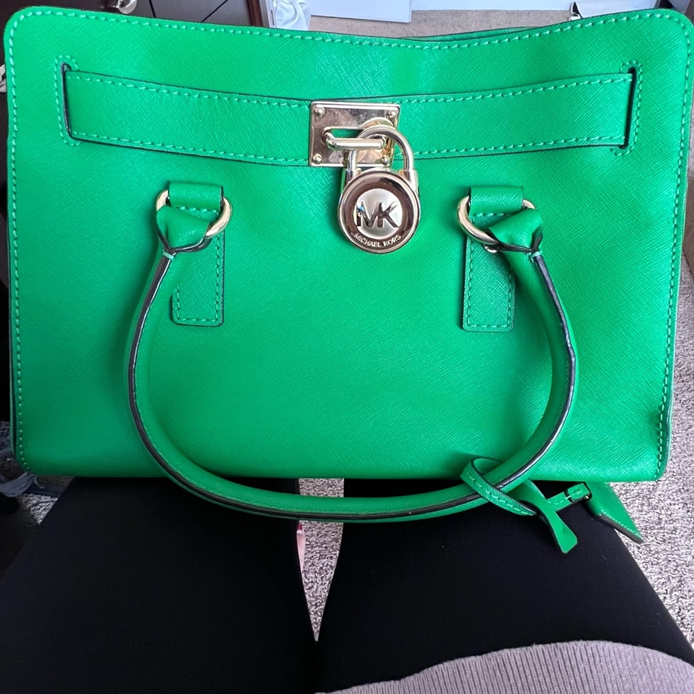 Green Michael Kors top handle bag good used condition gold hardware